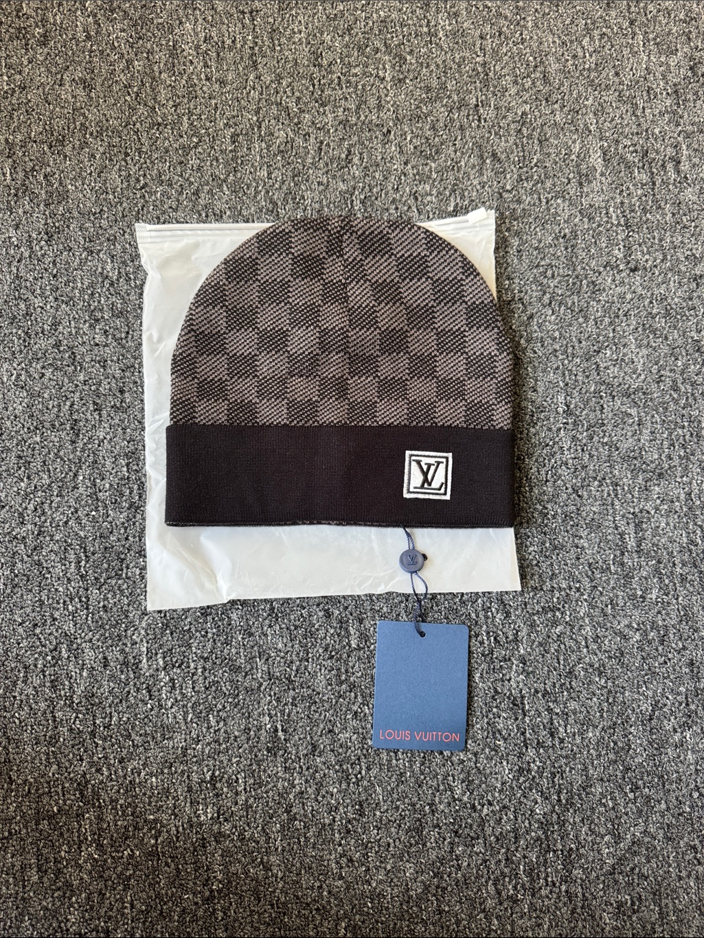 Louis Vuitton Black And Brown Checkered Knit Cuff Beanie